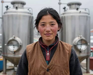 Portrait of a young Sherpa woman, our quality lead, wearing an earthy brown vest, standing in front of stainless steel brewing tanks in a high-altitude facility with a mist white aesthetic.