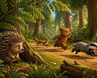 Cute 3D animated forest animals including a bear, badger, and squirrel running through a sunlit woodland.