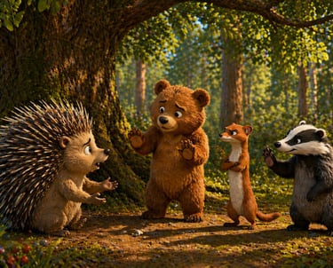 Animated forest animals including a hedgehog, bear, weasel, and badger talking under a large tree.