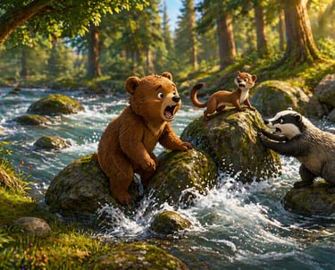 3D animated bear, weasel, and badger standing on river rocks in a lush sunlit forest.