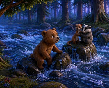 An animated brown bear cub, badger, and otter on river rocks in a dark forest at night.