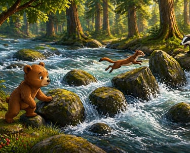 Illustrated baby bear, weasel, and badger crossing a rushing forest river over mossy rocks.