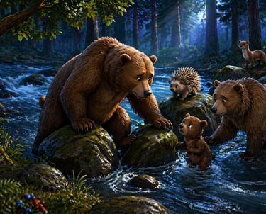 Grizzly bears with a cub, hedgehog, badger, and marten crossing a forest river stream.