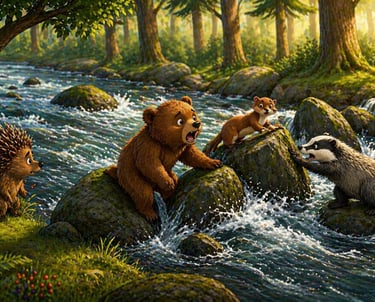 Forest animals including a bear, badger, and hedgehog crossing a rushing river on stepping stones.
