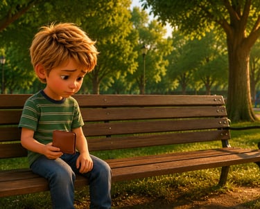A sad animated boy sitting on a park bench holding a brown wallet in a sunlit playground.