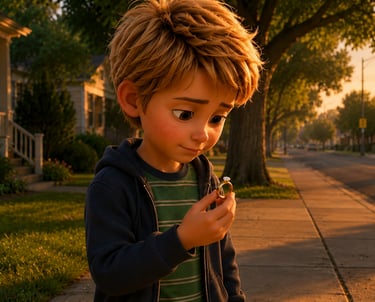A 3D animated young boy holding a gold diamond ring on a sunny neighborhood sidewalk at sunset.
