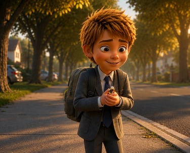 Animated boy in a suit holding a diamond ring on a sunny suburban sidewalk with a backpack.