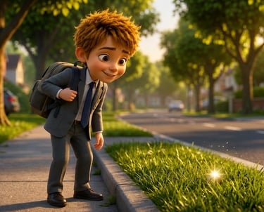 Young boy in a school suit with a backpack looks at a glowing object in the grass on a sunny suburban sidewalk.