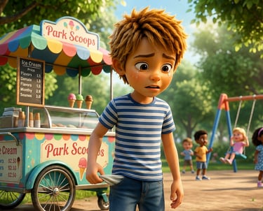 Crying boy showing empty pockets next to a colorful ice cream cart in a sunny park playground.