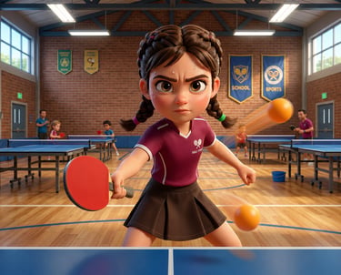 A determined young girl playing table tennis in a school gym with several ping pong tables.