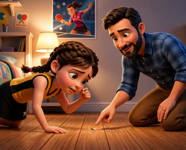 Animated father and daughter looking at a tiny ant on the bedroom floor.