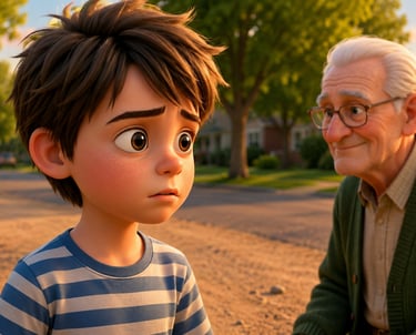 A 3D animated young boy looking surprised while talking to an elderly man in a sunny suburban neighborhood.