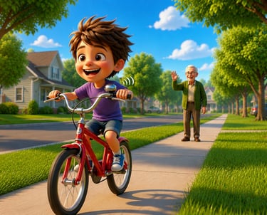 A happy animated boy riding a red bicycle on a sunny suburban sidewalk while his grandfather waves in the background.