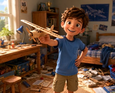 A smiling young boy holding a handmade wooden model airplane in a messy bedroom filled with aviation posters.