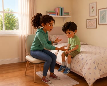 A sister comforts her sad little brother sitting on a bed in a bright, modern nursery room.