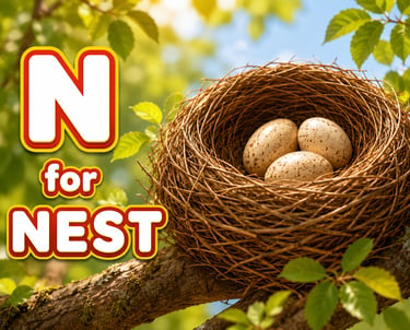 Educational alphabet graphic showing the letter N for Nest with bird eggs in a twig nest on a tree branch.