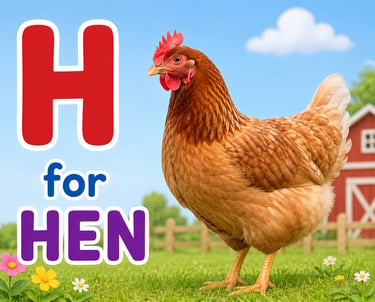 Educational alphabet flashcard showing the letter H for hen with a brown chicken on a farm.
