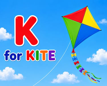 Educational poster showing a colorful diamond kite flying in a blue sky for the letter K.
