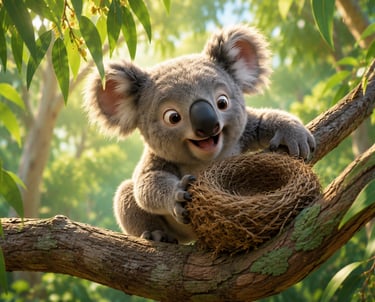 A cute animated koala smiling while holding a bird nest in a eucalyptus tree.