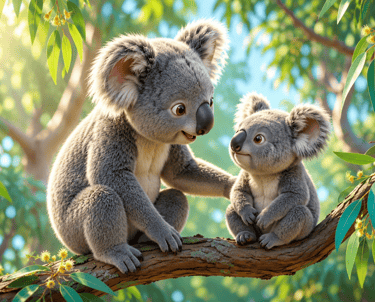 Two cute animated koalas sitting on a eucalyptus tree branch in a sunny Australian forest.