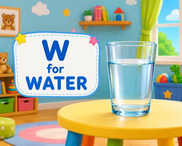 Educational alphabet poster showing W for Water with a glass on a table in a playroom.