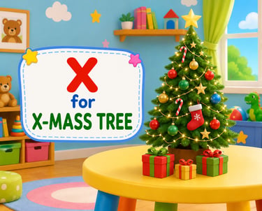 Decorated X-mass tree on a table in a kid's playroom for alphabet learning.