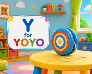 A colorful blue yo-yo toy on a yellow table with text saying Y is for YOYO in a playroom.