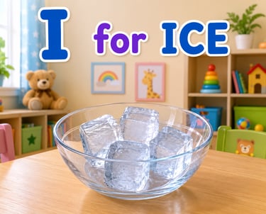 Educational alphabet image showing glass bowl of ice cubes with text I for ICE in a playroom.
