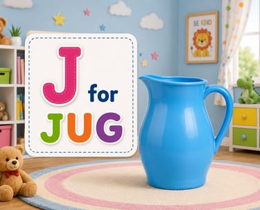 Educational alphabet poster showing J for Jug with a blue water pitcher in a colorful playroom.