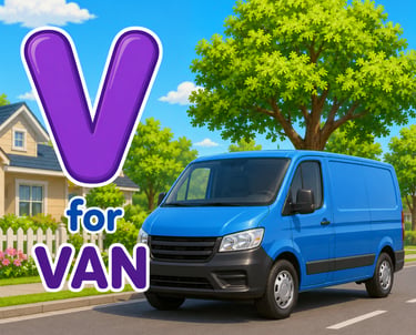 Letter V for Van educational flashcard featuring a blue cargo van on a suburban street.