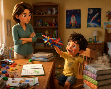 Animated boy playing with a toy plane in a messy bedroom while his mother watches.