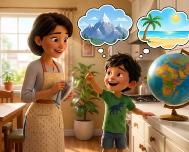 A boy points at a world globe dreaming of mountain and beach travel while his mother watches.