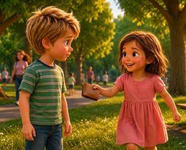 Animated little girl returning a lost brown leather wallet to a boy in a sunny park playground.