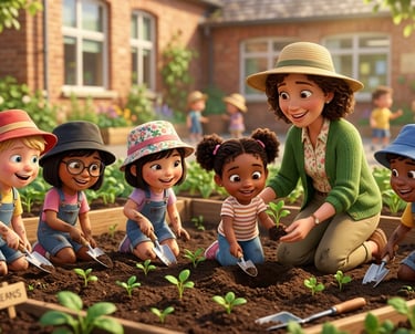 Diverse group of preschool children gardening with a teacher in a sunny school vegetable garden.