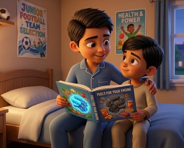 Father reading an educational book about healthy nutrition to his young son in a cozy bedroom.