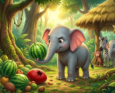 A cute cartoon elephant holding a watermelon in a jungle with a zebra, giraffe, and monkey.