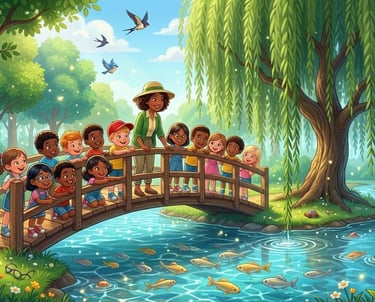 Diverse group of children and a teacher on a wooden bridge watching fish in a sunny forest park.