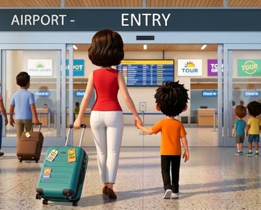 Cartoon mother and child holding hands while walking into a busy airport terminal for family travel.
