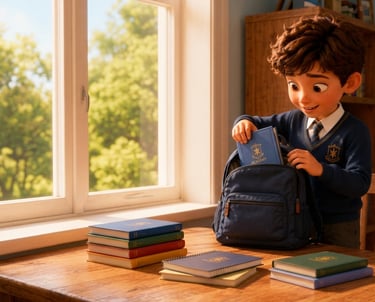 A young boy in a school uniform packs a blue backpack with books for back-to-school season.