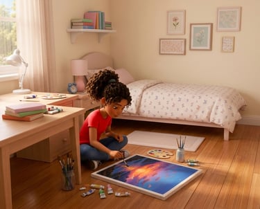 Young girl painting a sunset on canvas in her cozy, sunlit bedroom with art supplies.