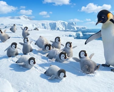 A large emperor penguin watches baby penguin chicks playing and sliding in the Antarctic snow.