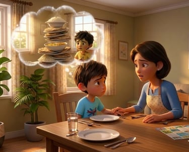 Animated boy at a dinner table dreaming of a tall stack of traditional Indian food and flatbread.