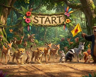 A group of cute jungle animals lined up at a start line for a race in a lush tropical forest.
