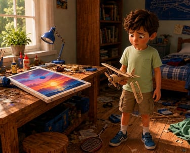 Young boy holding a wooden model airplane in a sunlit art studio with a sunset painting.