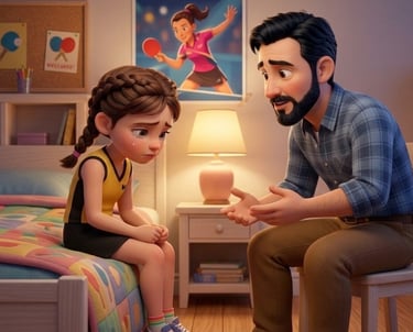 Caring father comforting his crying daughter in her bedroom after a sports match.