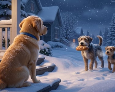 Golden retriever sits on snowy porch watching two dogs deliver bread during a winter snowfall.