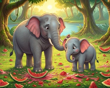 Cute cartoon mother and baby elephant eating watermelons in a sunny jungle setting.
