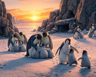 A group of emperor penguins and their chicks huddled together on a snowy Antarctic landscape during a vibrant sunset.