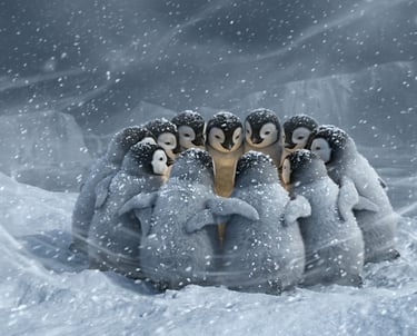 A huddle of fluffy emperor penguin chicks sheltering together during a snowstorm in Antarctica.
