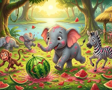 Cute cartoon animals like elephants, a zebra, and a monkey having a watermelon food fight in a sunny jungle.